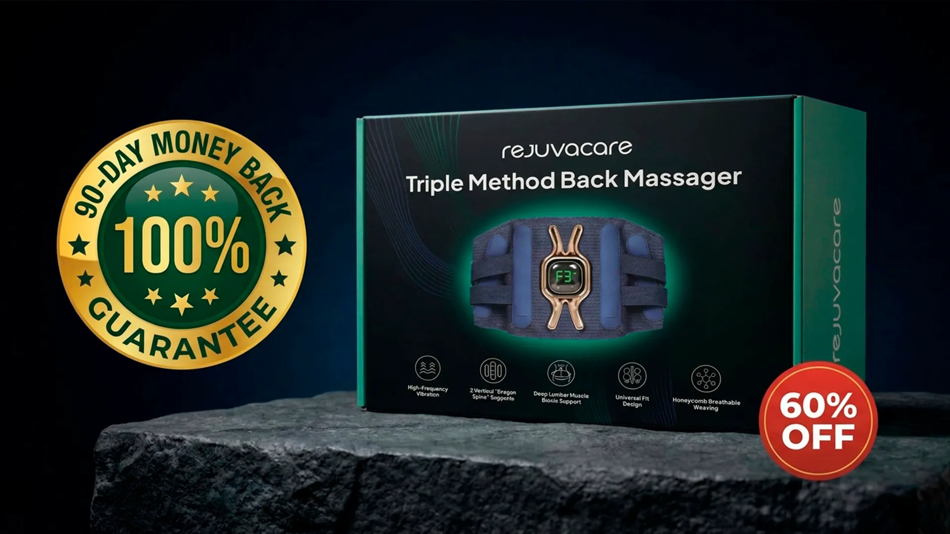 RejuvaCare Triple Method Back Massager product box showing the wearable device with 60% OFF and 90-day guarantee badge
