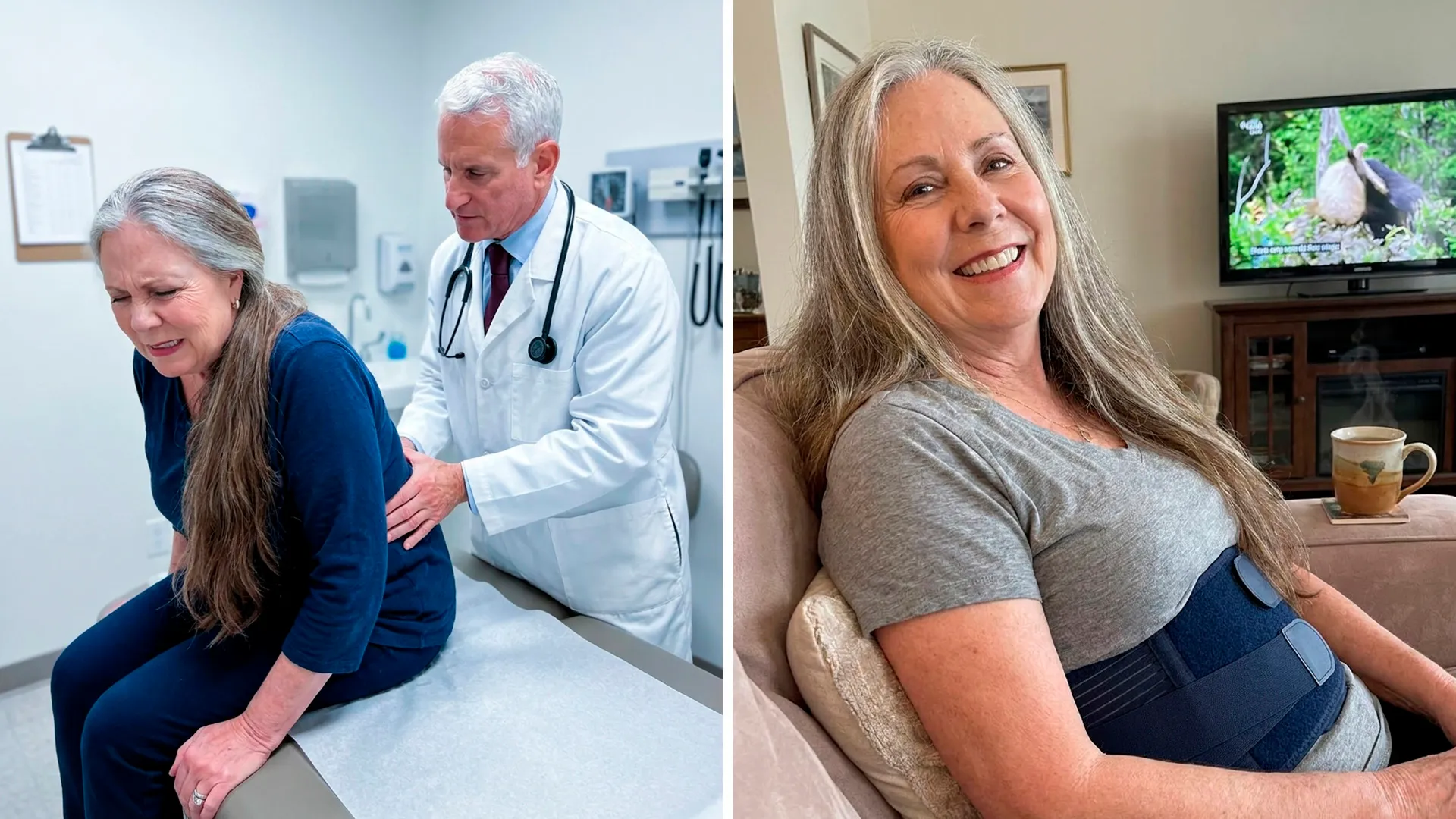 Split image showing a woman in pain during a medical examination versus the same woman smiling and relaxed at home wearing the RejuvaCare back support